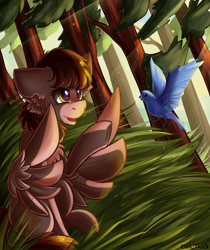 Size: 1576x1874 | Tagged: safe, artist:yuris, derpibooru import, oc, oc only, oc:autumn rosewood, bird, pegasus, pony, commission, cute, ear fluff, ears, ears back, female, forest, grass, pegasus oc, rule 63, smiling, solo, spread wings, tree, wings, ych result