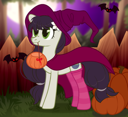 Size: 1800x1640 | Tagged: safe, alternate version, artist:ayamiiii, derpibooru import, oc, oc only, oc:sawa (ice1517), bat, earth pony, pony, bucket, cape, clothes, commission, female, fence, grass, halloween, hat, holiday, jack-o-lantern, mare, mouth hold, pumpkin, socks, solo, stockings, striped socks, thigh highs, witch, witch costume, witch hat, ych result