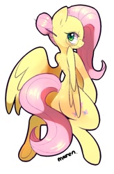 Size: 592x902 | Tagged: safe, artist:maren, derpibooru import, fluttershy, pegasus, pony, alternate hairstyle, bipedal, butt, doodle, female, hair bun, looking back, mare, plot, simple background, solo, spread wings, white background, wings