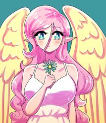 Size: 1800x2100 | Tagged: safe, artist:mylittleyuri, derpibooru import, fluttershy, human, blushing, breasts, cleavage, clothes, dress, elf ears, eyebrows, eyebrows visible through hair, female, green background, hootershy, humanized, looking at you, simple background, solo, winged humanization, wings