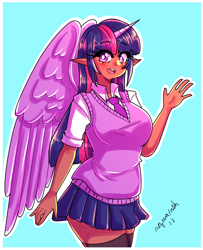 Size: 1630x2007 | Tagged: safe, artist:mylittleyuri, derpibooru import, twilight sparkle, human, blue background, breasts, clothes, elf ears, eyebrows, eyebrows visible through hair, female, headlight sparkle, horn, horned humanization, humanized, looking at you, moderate dark skin, necktie, open mouth, open smile, outline, school uniform, signature, simple background, skirt, smiling, smiling at you, solo, sweater vest, waving at you, white outline, winged humanization, wings