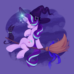Size: 2515x2515 | Tagged: safe, artist:ls_skylight, derpibooru import, starlight glimmer, cat, pony, unicorn, :3, bell, bell collar, broom, chest fluff, collar, commission, crossed legs, eye clipping through hair, female, flying, flying broomstick, glowing, glowing horn, halloween, hat, high res, holiday, hoof on chest, horn, lens flare, looking at you, magic, mare, night, smiling, smiling at you, solo, tail, witch, witch hat, ych result