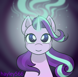 Size: 1841x1810 | Tagged: safe, artist:hayley566, derpibooru import, starlight glimmer, pony, unicorn, bust, dark background, digital art, ear fluff, ears, eyelashes, female, glowing, glowing horn, horn, looking at you, magic, mare, ponytober, portrait, simple background, smiling, solo, sparkles, starry eyes, stars, wind, wingding eyes