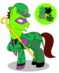 Size: 2160x2650 | Tagged: safe, artist:metal-jacket444, derpibooru import, earth pony, pony, batman, bowler hat, cane, clothes, cutie mark, dc comics, edward nygma, hat, mask, ponified, puzzle, puzzle pieces, riddler, simple background, solo, suit, white background