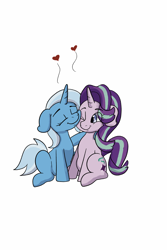 Size: 2000x3000 | Tagged: safe, artist:chedx, derpibooru import, starlight glimmer, trixie, couple, happy, hearts and hooves day, hug, ponytober, shipping, simple background, white background