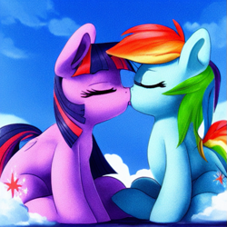 Size: 649x649 | Tagged: safe, derpibooru import, machine learning generated, rainbow dash, twilight sparkle, unicorn twilight, unicorn, cloud, eyes closed, female, kissing, lesbian, missing horn, missing wing, on a cloud, shipping, sitting, sitting on cloud, sky, twidash, wrong cutie mark