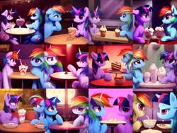 Size: 865x649 | Tagged: safe, derpibooru import, machine learning generated, rainbow dash, twilight sparkle, twilight sparkle (alicorn), alicorn, pegasus, pony, cake, chest fluff, duo, female, fluffy, food, ice cream, lesbian, looking at each other, looking at someone, looking at you, mare, milkshake, multiple variants, restaurant, shipping, sitting at table, table, twidash