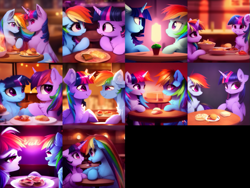Size: 865x649 | Tagged: safe, derpibooru import, machine learning generated, rainbow dash, twilight sparkle, twilight sparkle (alicorn), alicorn, pegasus, pony, chest fluff, duo, female, fluffy, lesbian, looking at each other, looking at someone, looking at you, mare, multiple variants, restaurant, shipping, sitting at table, table, twidash