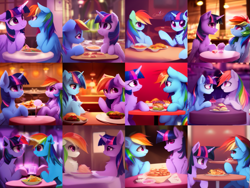 Size: 865x649 | Tagged: safe, derpibooru import, machine learning generated, rainbow dash, twilight sparkle, twilight sparkle (alicorn), alicorn, pegasus, pony, chest fluff, duo, female, fluffy, lesbian, looking at each other, looking at someone, looking at you, mare, multiple variants, restaurant, shipping, sitting at table, table, twidash