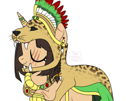 Size: 3742x3000 | Tagged: safe, artist:elberas, derpibooru import, oc, oc only, oc:marenalaxochi, big cat, jaguar (animal), pony, unicorn, aztec, bracelet, clothes, ear piercing, earring, eye scar, eyes closed, facial scar, feather, female, headdress, horn, horn ring, jewelry, mare, pelt, piercing, raised hoof, raised leg, regalia, ring, robe, scar, simple background, skirt, solo, tattoo, white background