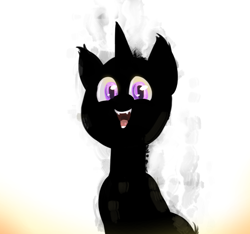 Size: 942x881 | Tagged: safe, artist:testostepone, derpibooru import, oc, oc:verlo streams, pony, unicorn, burned, fangs, happy, horn, no mane, no tail, purple eyes, simple background, smiling, smoke, smoking, solo, unicorn oc, white background