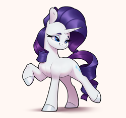 Size: 3370x3168 | Tagged: safe, artist:aquaticvibes, derpibooru import, rarity, pony, unicorn, cream background, female, lidded eyes, looking back, looking sideways, looking to side, looking to the right, mare, raised hoof, raised leg, simple background, smiling, solo