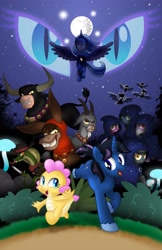 Size: 2650x4096 | Tagged: safe, artist:aleximusprime, derpibooru import, bray, princess luna, oc, oc:bellow, oc:bleat, oc:buttercream the dragon, oc:dagger, oc:nightwatch, oc:noctura, oc:nox, oc:oscura, oc:tenebris, alicorn, bat pony, bull, cobra, donkey, dragon, goat, pony, snake, unicorn, flurry heart's story, g1, g4, baby, baby dragon, bat pony oc, beard, bell, bells, belt, bovine, brotherhood of grogar, bush, cloak, cloaked, clothes, cowboy hat, cult of eternal night, cultist, dragoness, evil grin, eyes closed, facial hair, fanfic, fanfic art, fanfic cover, fangs, female, flying, g1 to g4, generation leap, grin, hat, hood, hooded cape, horn, horns, knife, looking at each other, looking at someone, male, mare, mare in the moon, moon, mushroom, my little sister is a dragon, night, night sky, nightmare eyes, nose piercing, nose ring, oc villain, piercing, s1 luna, scarf, sky, smiling, stallion, stetson, unicorn oc, unshorn fetlocks