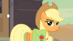 Size: 1920x1080 | Tagged: safe, derpibooru import, screencap, applejack, earth pony, pony, season 2, the last roundup, 1080p, applebutt, applejack is not amused, applejack's hat, bag, butt, clothes, cowboy hat, female, hat, looking at you, mare, plot, saddle bag, solo, unamused