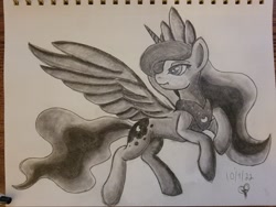 Size: 4000x3000 | Tagged: safe, artist:starsongdusk, derpibooru import, princess luna, alicorn, pony, g4, date, ethereal mane, female, flying, grayscale, jewelry, lidded eyes, mare, missing accessory, monochrome, peytral, ponytober, regalia, simple background, smiling, solo, traditional art