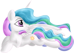 Size: 1024x742 | Tagged: safe, artist:starsongdusk, derpibooru import, princess celestia, alicorn, pony, g4, ethereal mane, female, lying down, mare, missing accessory, one wing out, prone, simple background, solo, sploot, starry mane, transparent background, wings