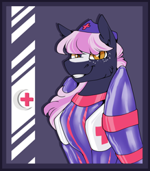 Size: 2978x3398 | Tagged: safe, artist:parrpitched, derpibooru import, oc, oc:nurse lavender blossom, bat pony, pony, bat pony oc, bound wings, fireheart76's latex suit design, kink, latex, latex suit, nurse, prisoners of the moon, rubber, rubber suit, solo, wings