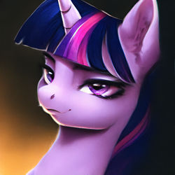 Size: 1024x1024 | Tagged: safe, derpibooru import, editor:hawkeyethree, generator:purplesmart.ai, generator:stable diffusion, machine learning generated, twilight sparkle, pony, bust, female, lidded eyes, mare, portrait, smiling, solo