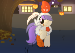 Size: 2970x2100 | Tagged: safe, artist:candy meow, derpibooru import, oc, oc only, oc:ellowee, earth pony, pony, ;p, animal costume, autumn, chicken suit, clothes, costume, earth pony oc, female, gravestone, halloween, halloween costume, high res, holiday, house, leaves, legends of equestria, mare, mascot, moon, night, nightmare night, one eye closed, pumpkin, solo, stars, tongue, tongue out, tree, wink