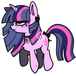 Size: 1052x1052 | Tagged: safe, artist:cutiesparke, derpibooru import, twilight sparkle, unicorn twilight, pony, unicorn, alternate color palette, alternate hairstyle, blushing, bow, choker, eyeshadow, female, floating, jewelry, makeup, ribbon, simple background, solo, tail, tail bow, white background