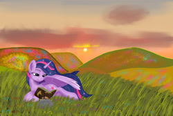 Size: 1024x683 | Tagged: safe, artist:starsongdusk, derpibooru import, twilight sparkle, twilight sparkle (alicorn), alicorn, pony, g4, book, book of harmony, ethereal mane, female, grass, hill, lidded eyes, lying down, mare, one wing out, prone, reading, scenery, smiling, solo, starry mane, twilight (astronomy), wings