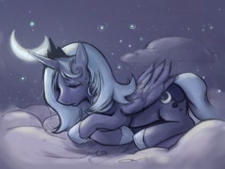 Size: 800x600 | Tagged: safe, artist:luna-sedata, derpibooru exclusive, derpibooru import, edit, princess luna, cloud, female, moon, night, night sky, s1 luna, sad, sky