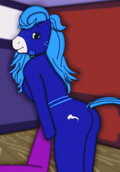 Size: 5624x8020 | Tagged: safe, derpibooru import, oc, oc only, oc:annette (g1), oc:annette (lewdpone), semi-anthro, g1, butt, chair, choking, freckles, looking at you, solo, stripes, wooden floor