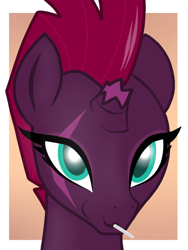 Size: 768x1024 | Tagged: safe, artist:theuser, derpibooru import, fizzlepop berrytwist, tempest shadow, pony, unicorn, broken horn, bust, candy, cute, eye scar, facial scar, female, food, horn, lollipop, looking at you, mare, passepartout, portrait, scar, smiling, solo, tempestbetes, three quarter view
