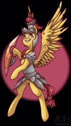 Size: 576x1024 | Tagged: safe, artist:aca-4, derpibooru import, flash magnus, pegasus, pony, abstract background, armor, dark background, digital art, full body, helmet, looking back, male, netitus, rearing, shield, simple background, smiling, solo, spread wings, stallion, tail, wings