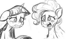 Size: 470x279 | Tagged: safe, artist:fanzeem, derpibooru import, pinkie pie, twilight sparkle, twilight sparkle (alicorn), alicorn, earth pony, pony, amogus eyes, among us, crying, duo, female, frown, grayscale, mare, meme, monochrome, open mouth, sketch