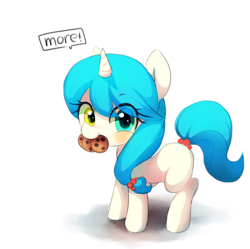 Size: 682x680 | Tagged: safe, artist:maren, derpibooru import, oc, oc only, pony, unicorn, cookie, dialogue, eye clipping through hair, female, filly, foal, food, heterochromia, mouth hold, simple background, solo, tail, tail wrap, white background