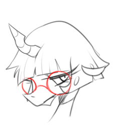 Size: 376x418 | Tagged: safe, artist:maren, derpibooru import, oc, oc only, oc:myri, changeling, bangs, bust, doodle, female, glasses, portrait, round glasses, solo, unamused