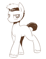 Size: 1402x1800 | Tagged: safe, artist:maren, derpibooru import, oc, oc only, earth pony, pony, facial hair, male, monochrome, short hair, solo, stallion, unshorn fetlocks