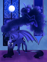 Size: 1280x1669 | Tagged: safe, artist:s0ftserve, derpibooru import, princess luna, tantabus, pony, bat wings, magic, moon, wings