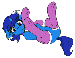 Size: 2348x1824 | Tagged: safe, artist:scarrly, derpibooru import, oc, oc only, oc:delly, pony, unicorn, butt, clothes, commission, cute, dock, ears, featureless crotch, female, floppy ears, hat, looking at you, lying down, mare, nurse hat, on back, plot, simple background, smiling, smiling at you, socks, solo, tail, transparent background, underhoof, ych result