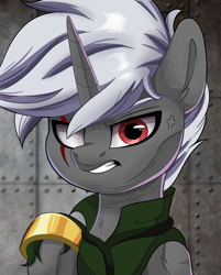 Size: 1600x1990 | Tagged: safe, artist:joaothejohn, derpibooru import, oc, oc:hunter, pony, unicorn, angry, clothes, commission, horn, jewelry, looking at you, ring, scar, simple background, teeth, unicorn oc