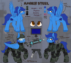 Size: 4500x4000 | Tagged: safe, artist:molars, derpibooru import, oc, oc only, oc:amber steel, pegasus, pony, fallout equestria, armor, armour plates, chestplate, commission, dashite, enclave, gun, helmet, magical energy weapon, reference sheet, scar, solo, visor, weapon