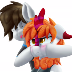 Size: 2048x2048 | Tagged: safe, artist:dianetgx, derpibooru import, oc, oc:jacktor stan, oc:karenina senna, kirin, pegasus, :p, ^^, blushing, clothes, ears, eyes closed, floppy ears, kirin oc, pegasus oc, pouting, simple background, tongue, tongue out, uniform, white background