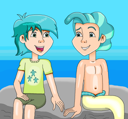 Size: 1190x1111 | Tagged: safe, artist:ocean lover, derpibooru import, sandbar, terramar, human, mermaid, belly button, clothes, cutie mark on clothes, duo, duo male, hands on waist, handsome, humanized, looking at each other, looking at someone, male, merboy, merman, mermanized, ocean, open mouth, outdoors, shiny skin, shirt, shorts, sitting, sky, smiling, smiling at each other, species swap, t-shirt, water