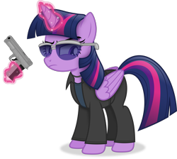 Size: 4652x4168 | Tagged: safe, artist:anime-equestria, derpibooru import, twilight sparkle, twilight sparkle (alicorn), alicorn, pony, annoyed, clothes, female, glowing, glowing horn, gun, handgun, horn, jewelry, levitation, magic, mare, necklace, pistol, simple background, solo, sunglasses, telekinesis, transparent background, vector, weapon, wings