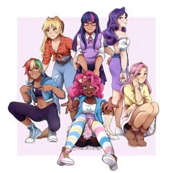 Size: 1080x1080 | Tagged: safe, artist:applesartt, derpibooru import, applejack, fluttershy, pinkie pie, rainbow dash, rarity, twilight sparkle, human, clothes, dark skin, female, full body, humanized, looking at you, mane six, simple background