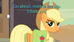 Size: 1920x1080 | Tagged: safe, derpibooru import, edit, edited screencap, screencap, applejack, earth pony, pony, season 2, the last roundup, 1080p, applebutt, applejack is not amused, applejack's hat, bag, butt, clothes, cowboy hat, female, hat, looking at you, mare, plot, raised eyebrow, saddle bag, solo, text, unamused, vulgar