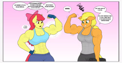 Size: 2048x1056 | Tagged: safe, artist:matchstickman, derpibooru import, apple bloom, applejack, anthro, earth pony, abs, apple bloom's bow, apple bloomed, apple brawn, applejacked, applerack, armpits, biceps, bow, breasts, clothes, comic, deltoids, dialogue, dumbbell (object), duo, female, flexing, flexing muscles, gradient background, hair bow, mare, matchstickman's apple brawn series, muscles, older, older apple bloom, pecs, speech bubble, tumblr comic, tumblr:where the apple blossoms, weights