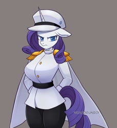 Size: 1422x1551 | Tagged: safe, artist:handgunboi, derpibooru import, rarity, anthro, unicorn, breasts, cape, captain, clothes, curvy, female, frown, gray background, hourglass figure, looking at you, mare, military uniform, raritits, scowl, simple background, solo, uniform