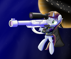 Size: 2000x1667 | Tagged: safe, artist:trackheadtherobopony, derpibooru import, oc, oc only, oc:littlepip, pony, robot, unicorn, fallout equestria, gun, megatron, size difference, space, transformers, weapon