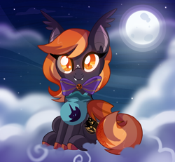 Size: 3152x2918 | Tagged: safe, artist:spookyle, derpibooru import, oc, oc:harvest moon, bat pony, pony, bat pony oc, cloud, female, halloween, holiday, mare, moon, night, nightmare night, solo