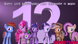 Size: 3840x2160 | Tagged: safe, artist:optimussparkle, derpibooru import, applejack, fluttershy, pinkie pie, rainbow dash, rarity, spike, twilight sparkle, twilight sparkle (alicorn), alicorn, dragon, earth pony, pegasus, pony, unicorn, 3d, anniversary, happy birthday mlp:fim, mane seven, mane six, mlp fim's twelfth anniversary, source filmmaker, winged spike, wings