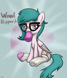 Size: 3600x4200 | Tagged: safe, artist:littlenaughtypony, derpibooru import, oc, oc:hazy breeze, pegasus, clothes, fetish, frog (hoof), glasses, hoof fetish, slippers, socks, underhoof