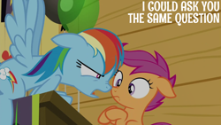 Size: 1280x720 | Tagged: safe, derpibooru import, edit, edited screencap, editor:quoterific, screencap, rainbow dash, scootaloo, the washouts (episode)