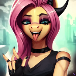 Size: 806x806 | Tagged: safe, derpibooru import, edit, editor:sa1ntmax, generator:purplesmart.ai, generator:stable diffusion, machine learning generated, fluttershy, anthro, pegasus, abstract background, black dress, black nail polish, bust, choker, clothes, devil horn (gesture), dress, eyelashes, eyeshadow, female, goth, hand, horn, looking sideways, makeup, mare, portrait, smiling, solo, tongue, tongue out